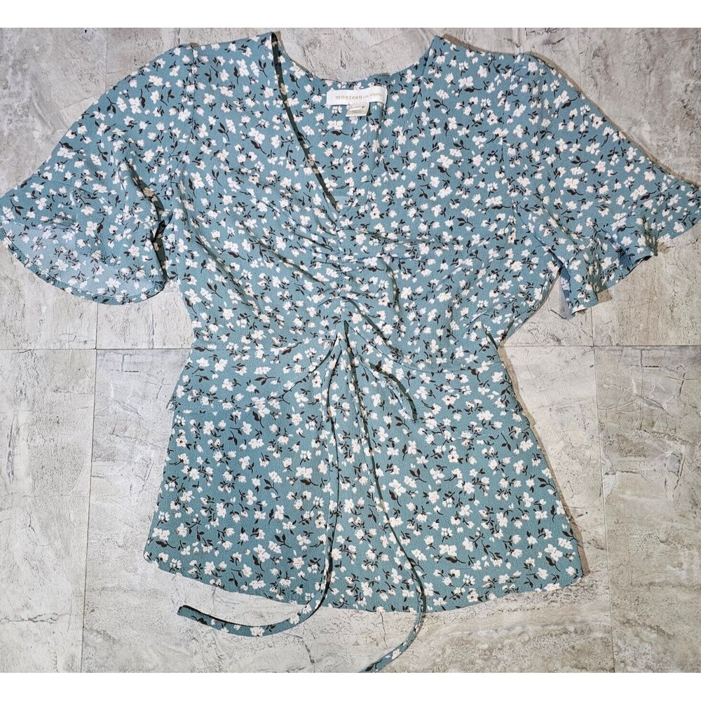 Monteau Los Angeles Womens Green Floral Flutter Short Sleeve Wrap Tunic Shirt SM